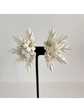 Iridescent Lucite Leaf Flower Climber Earrings Clip On 1960s 2.5"